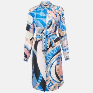 Pre Owned Emilio Pucci Blue Wally Print Silk Belted Shirt Dress M