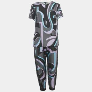 Pre Owned Emilio Pucci Multicolor Patterned Silk Top & Joggers M