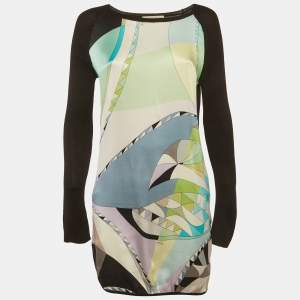 Pre Owned فستان ميني ايميلو بوتشي ساتان مطبوع أخضر / أسود وحياكة مطاطة مقاس متوسط