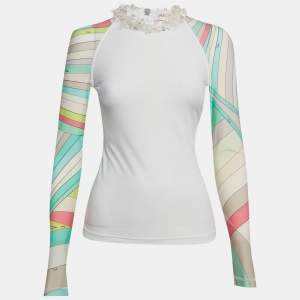 Pre Owned Emilio Pucci Printed Jersey Embellished Neck Top S