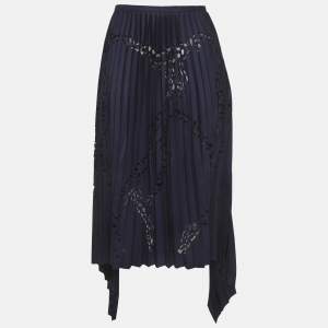 Pre Owned Emilio Pucci Navy Blue laser Cut Plisse High Low hem Skirt M