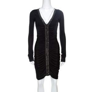 Emilio Pucci Black Ruched Jersey Rhinestone Embellished Long Sleeve Dress S