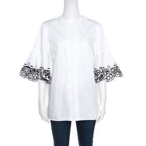 Emilio Pucci White Cotton Sangallo Trim Pintuck Detail Blouse M