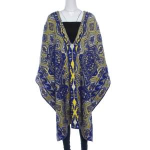 Emilio Pucci Blue and Neon Yellow Patterned Jacquard Knit Poncho S