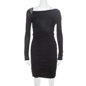 Emilio Pucci Black Knit Embellished Shoulder Detail Ruched Long Sleeve Dress S
