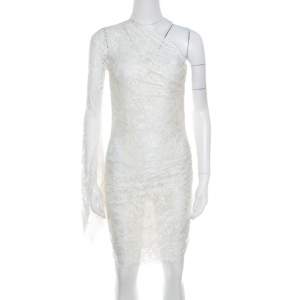 Emilio Pucci White Floral Lace Scalloped Trim Ruched One Shoulder Dress S