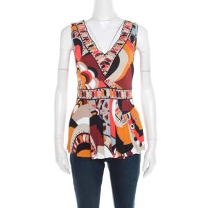 Emilio Pucci Firenze Multicolor Printed Jersey Plunge Neck Peplum Top M