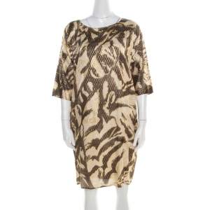Emilio Pucci Brown and Beige Foil Printed Silk Long Sleeve Dress S