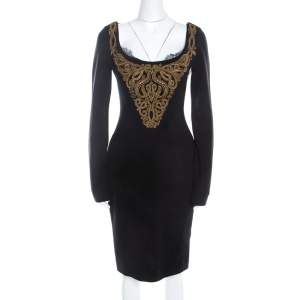 Emilio Pucci Black Wool Gold Beaded Long Sleeve Corset Dress M 