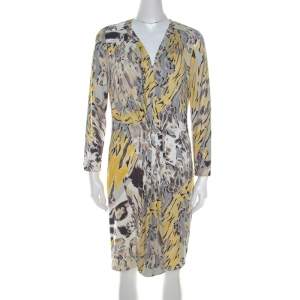 Emilio Pucci Multicolor Abstract Print Stretch Jersey Pleated Plunge Neck Dress L
