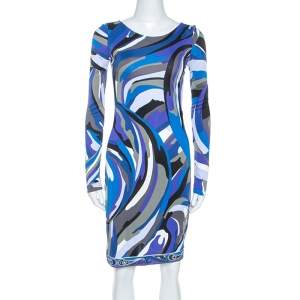 Emilio Pucci Blue Signature Printed Jersey Buckled Dress S