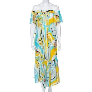 Emilio Pucci Multicolored Badea Print Cotton Off-Shoulder Tiered Dress L