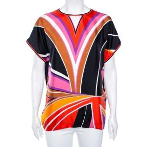 Emilio Pucci Multicolored Printed Silk & Cotton Short Sleeve Top M