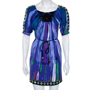 Emilio Pucci Multicolor Printed Silk Embellished Belted Shift Dress S