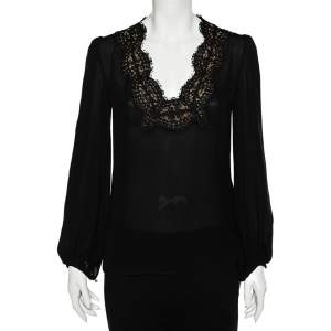 Emilio Pucci Black Silk Lace Trim Long Sleeve Blouse S