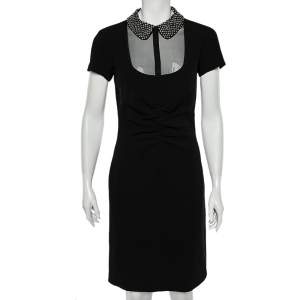 Emilio Pucci Black Textured Crepe Embellished Collar Detailed Ruched Dress S
