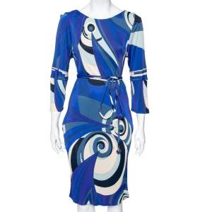 Emilio Pucci Blue Printed Jersey Belted Dress S