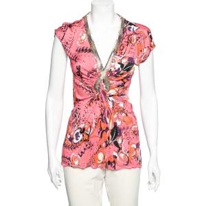 Emilio Pucci Multicolor Printed Knit Embellished Ruched Front Top M