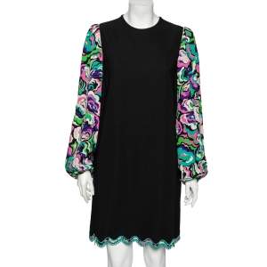 Emilio Pucci Black Synthetic Floral Printed Bishop Sleeves Dress M