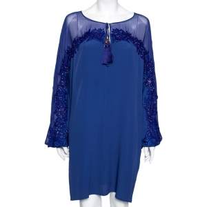 Emilio Pucci Blue Silk Beaded Embroidered Tassel Tie Front Shift Dress M