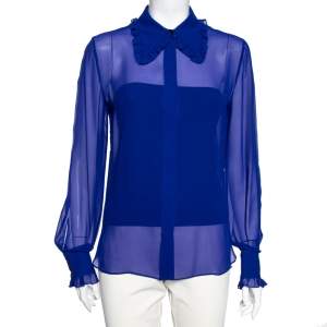 Pre Owned Emilio Pucci Blue Silk Ruffle Detailed Collar Button Front Shirt M