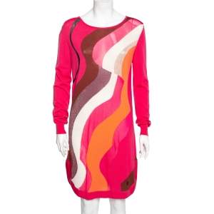 Emilio Pucci Pink Patterned Knit Wool Long Sleeve Dress M