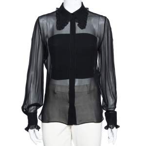 Emilio Pucci Black Silk Ruffle Trim Detailed Button Front Shirt M