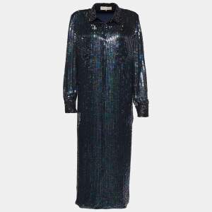 Emilio Pucci Metallic Sequin & Bead Embellished Silk Button Front Shirt Dress L