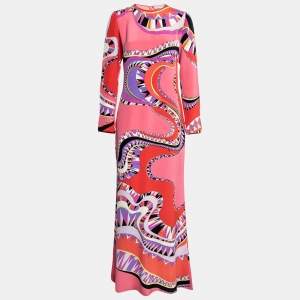Emilio Pucci Multicolor Printed Silk Long Sleeve Maxi Dress M