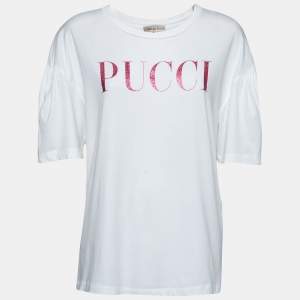 Emilio Pucci White Logo Printed Crew Neck Top L