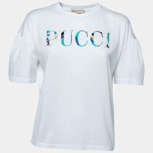 Pre Owned Emilio Pucci White Logo Printed Cotton Short Sleeve T-Shirt S