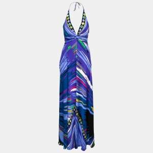 Emilio Pucci Blue Multicolor Print Silk Long Dress S