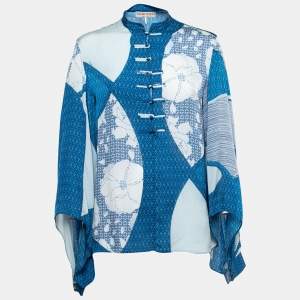 Emilio Pucci Blue Printed Silk Split Sleeve Blouse M