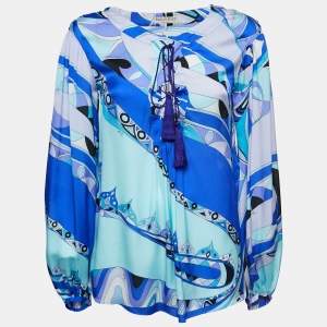 Emilio Pucci Blue Printed Silk Lace Up Blouse S