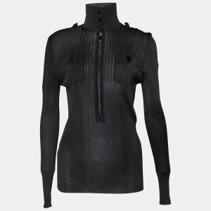 Emilio Pucci Black Jersey Rib Knit Zip Front Polo T-Shirt L