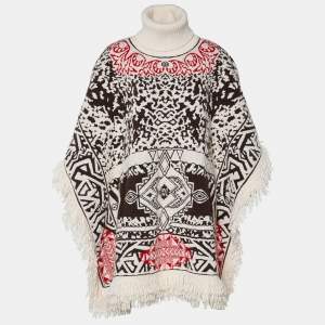 Emilio Pucci Beige Patterned Jacquard Knit Fringed Turtleneck Poncho M