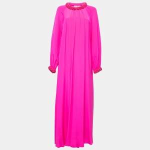 Emilio Pucci Pink Silk Embellished Neck Detail Pleated Long Dress S