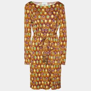 Emilio Pucci Brown Printed Silk Knit Belted Shift Dress L