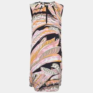 Emilio Pucci Multicolor Printed Silk Embellished Hem Sleeveless Shift Dress M