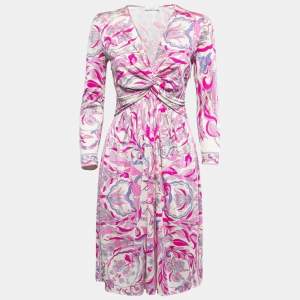 Emilio Pucci White/Pink Printed Silk Ruched Long Sleeve Midi Dress M