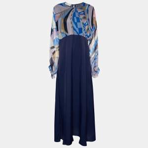 Emilio Pucci Navy Blue Printed Yoke Detail Maxi Dress M