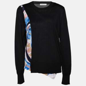 Emilio Pucci Multicolor Printed Silk & Black Wool Sweater Top XL