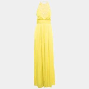 Emilio Pucci Yellow Embroidered Silk Back Open Slit Detail Gown S