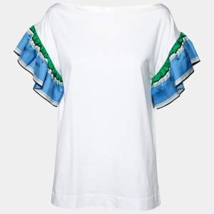 Emilio Pucci White Cotton Knit Contrast Ruffle Sleeve T-Shirt S
