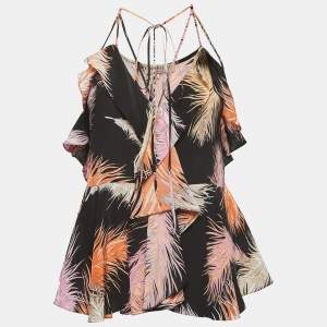 Emilio Pucci Black Printed Silk Sleeveless Ruffled Top S