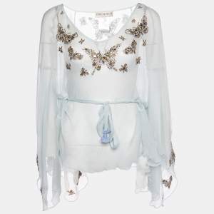 Emilio Pucci Aqua Green Embellished Silk Belted Kaftan Top S