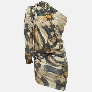 Emilio Pucci Beige Printed Jersey One Shoulder Draped Mini Dress S