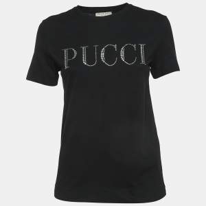 Pre Owned Emilio Pucci Black Rhinestone-Embellished Logo Cotton Jersey T-Shirt S