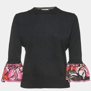 Emilio Pucci Black Printed Wool and Silk Flared Sleeve T-Shirt L
