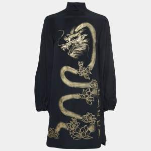 Emilio Pucci Black Hand Painted Dragon Silk Mini Dress M